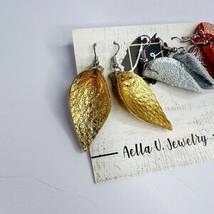 3 Pairs Leather Metallic Leaf Earrings Dangle Silver Copper Gold Handmade‎